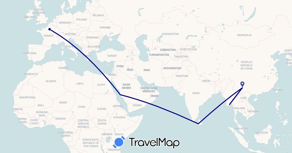 TravelMap itinerary: driving in China, France, Sri Lanka, Myanmar (Burma), Saudi Arabia (Asia, Europe)